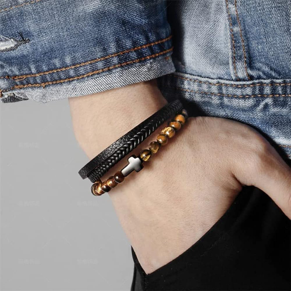 Tigers-Eye, Metal Cross, Multi-Strand Bracelet - Pin & Lock Magnetic Closure