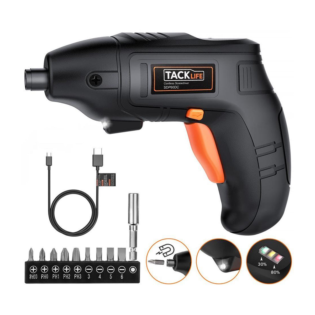 10 Bit Tacklife Cordless Drill Set – USB Rechargable, LED Light