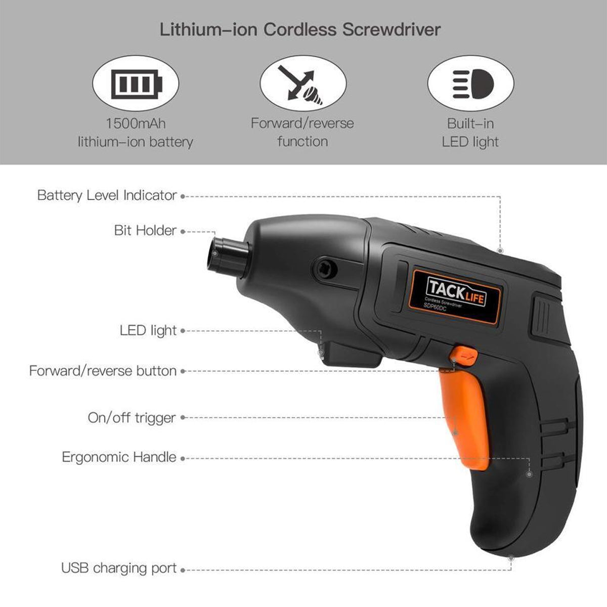 10 Bit Tacklife Cordless Drill Set – USB Rechargable, LED Light