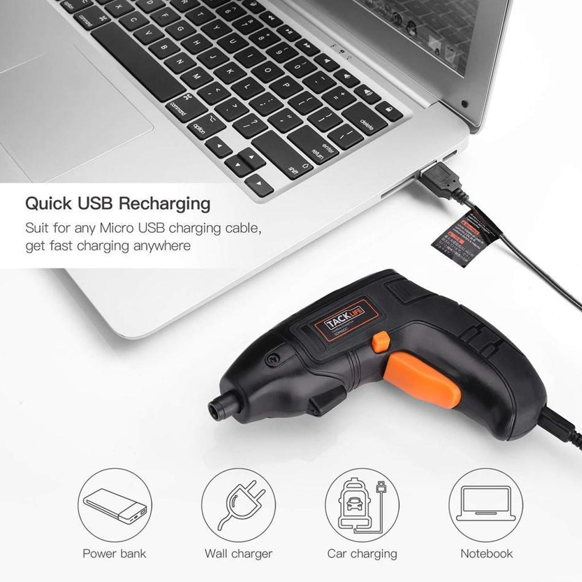 10 Bit Tacklife Cordless Drill Set – USB Rechargable, LED Light
