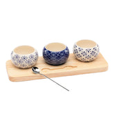 5pc Condiment Set – 3 Ceramic Bowls, Wood Board, Serving Spoon