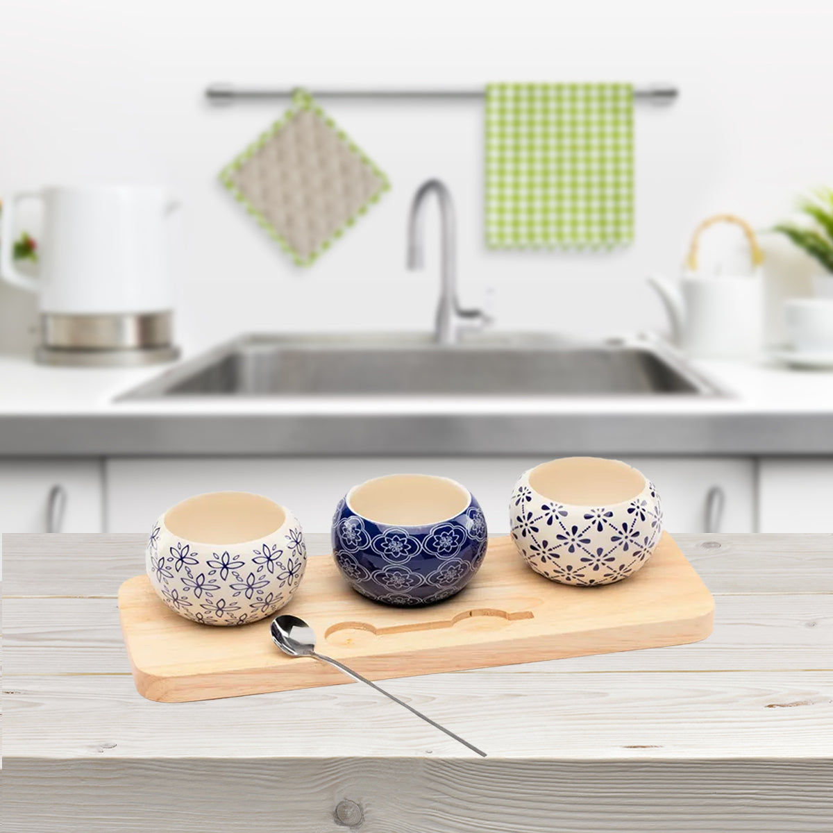 5pc Condiment Set – 3 Ceramic Bowls, Wood Board, Serving Spoon