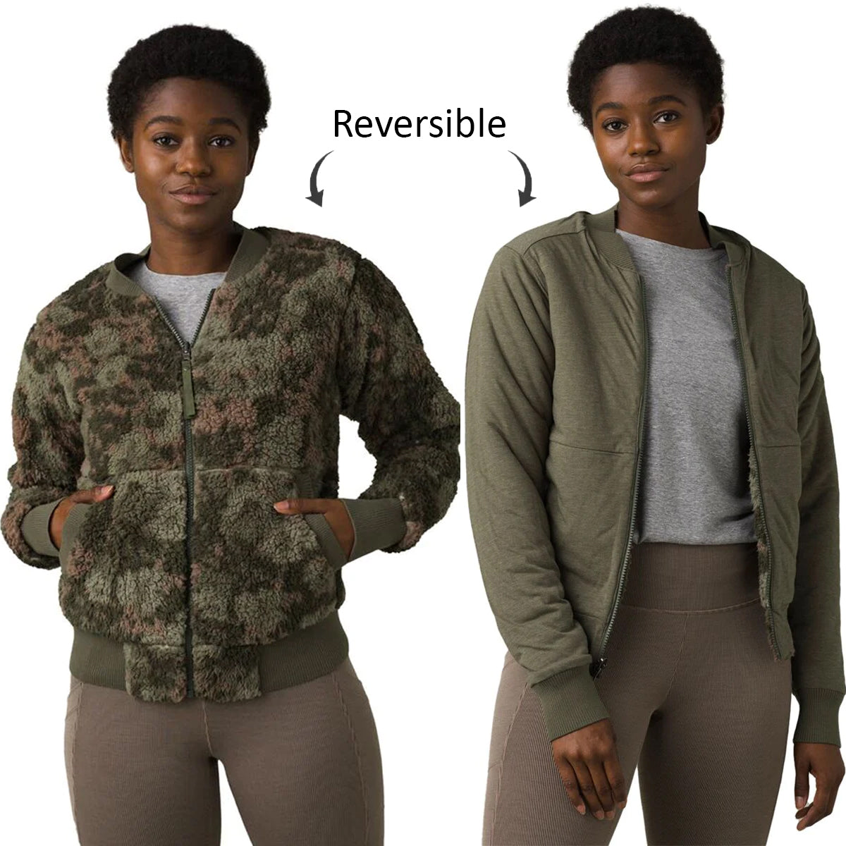 Prana 2-In-1 Reversible Fleece Women’s Zipper Bomber Jacket