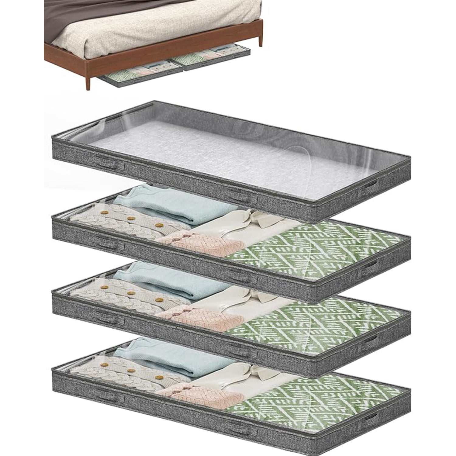4pk Low Profile Under Bed Storage Bins – Foldable with Clear Lid