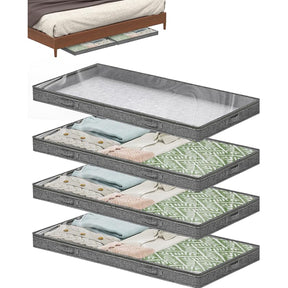 4pk Low Profile Under Bed Storage Bins – Foldable with Clear Lid