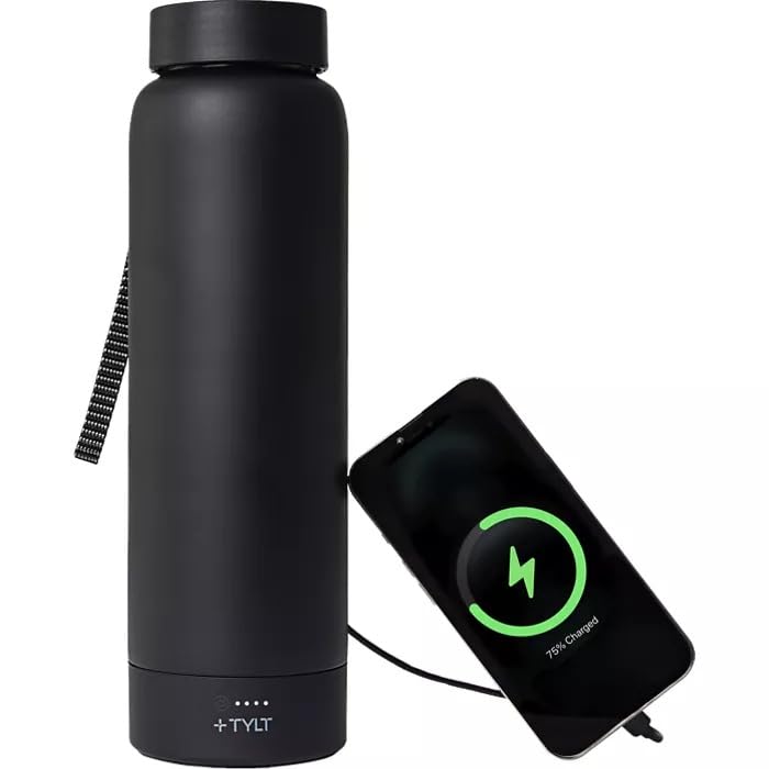 TYLT 24oz Wireless Charger Stainless Steel Water Bottle – Qi Power Bank & USB-C Cable