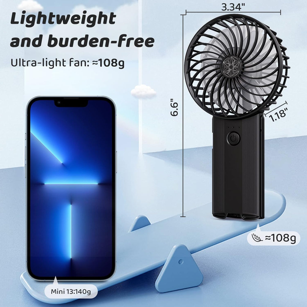 Ultra-Quiet Portable Handheld Fan with 16H Battery Life, 4 Speeds