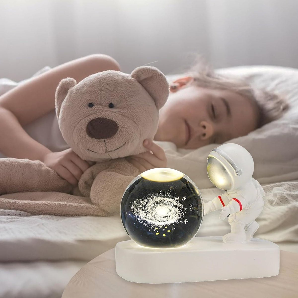3D Galaxy Crystal Ball Astronaut Night Light – LED Space Lamp with Warm Glow