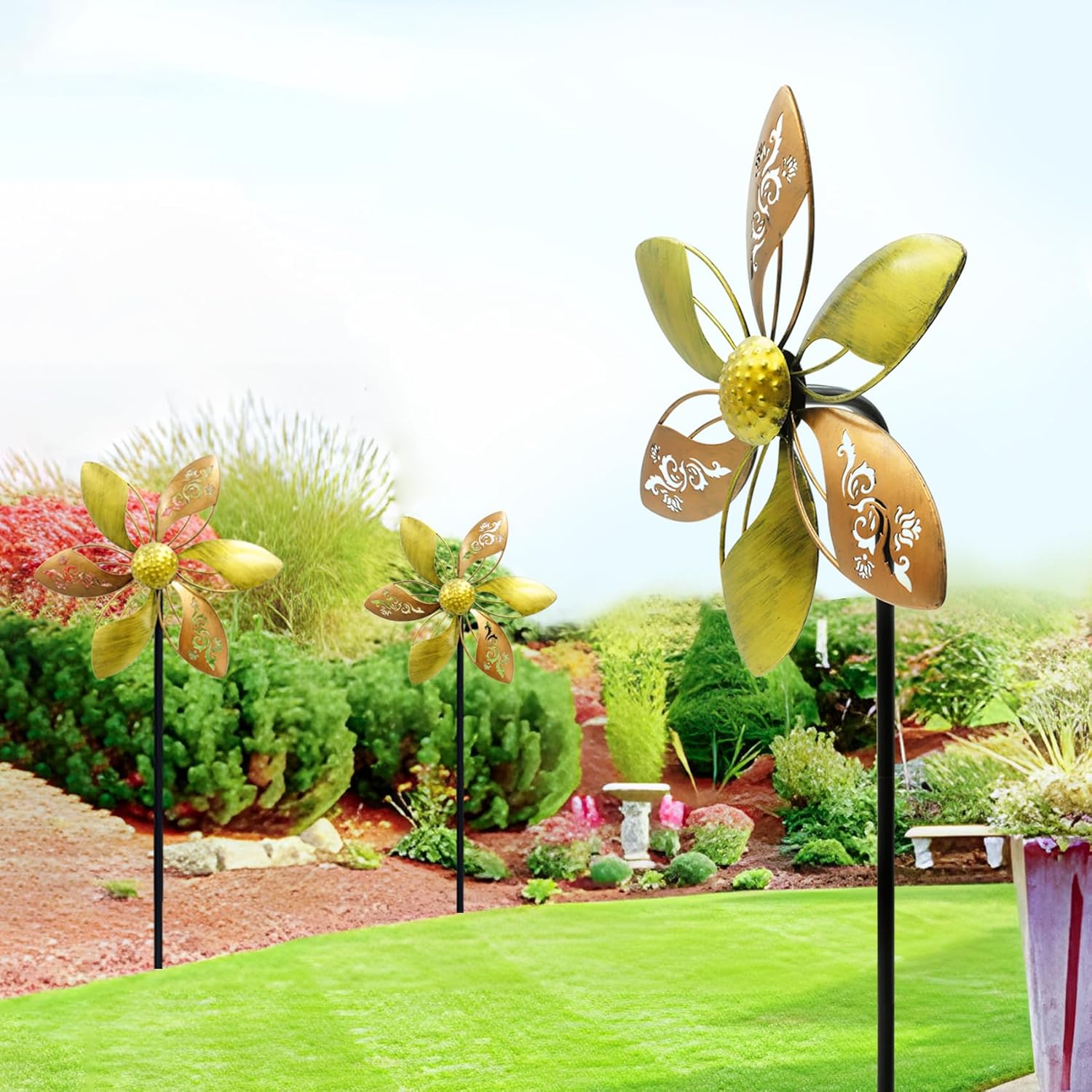 Metal Garden Wind Spinner – 37" Kinetic Outdoor Yard Pinwheel with Laser-Cut Floral Design