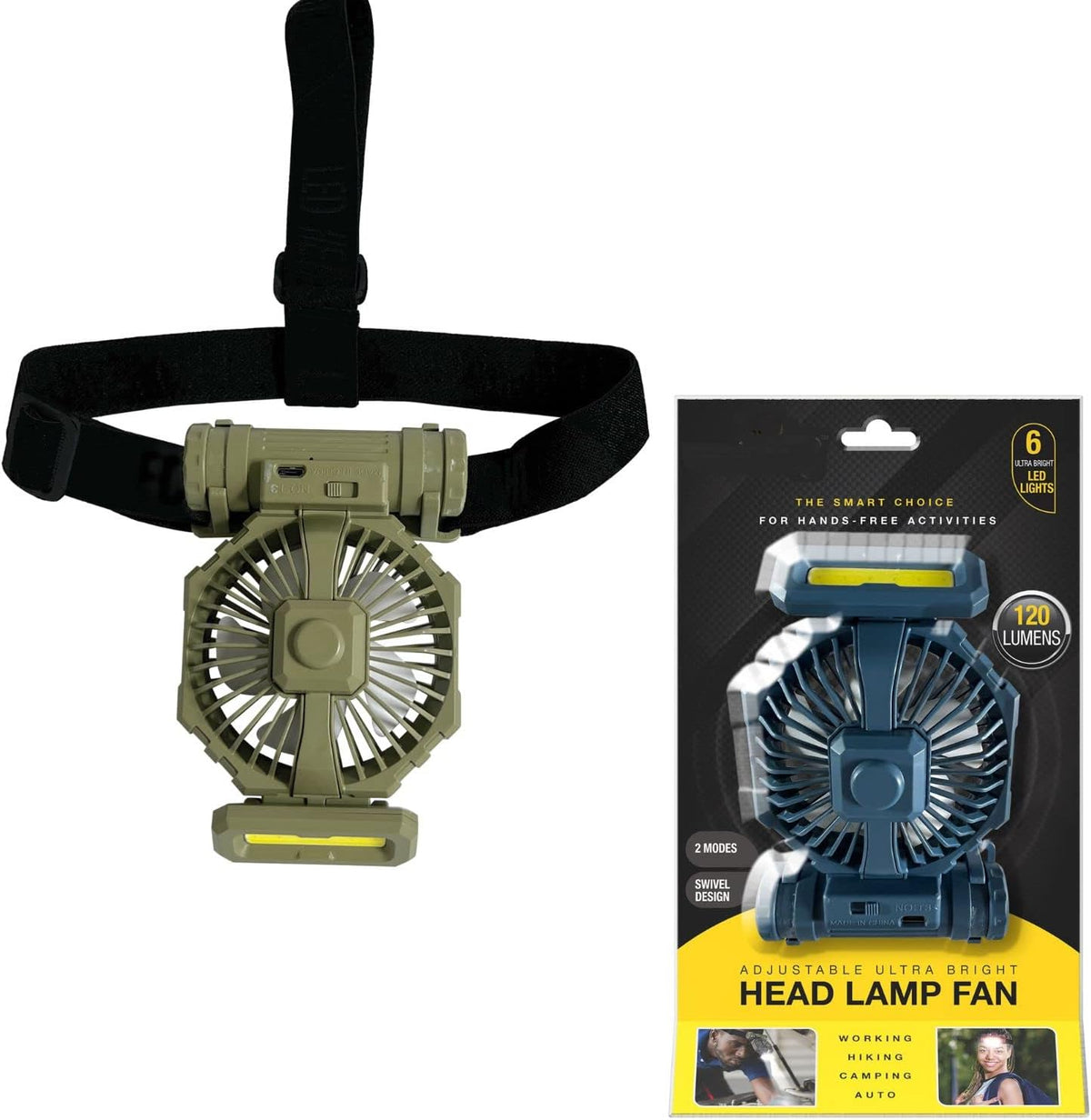 2-in-1 Rechargeable Headlamp & Fan – LED Flashlight Combo with USB Charging