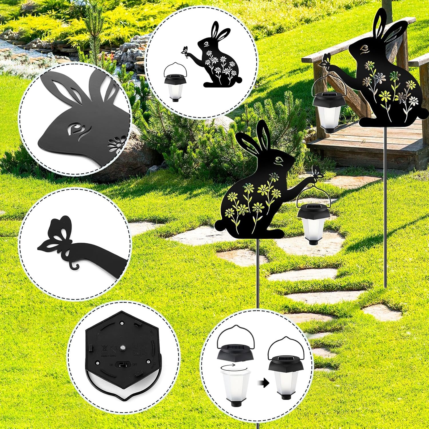 Black Rabbit Solar Garden Lantern – LED Lighted Bunny Yard Stake, 47.2" Tall