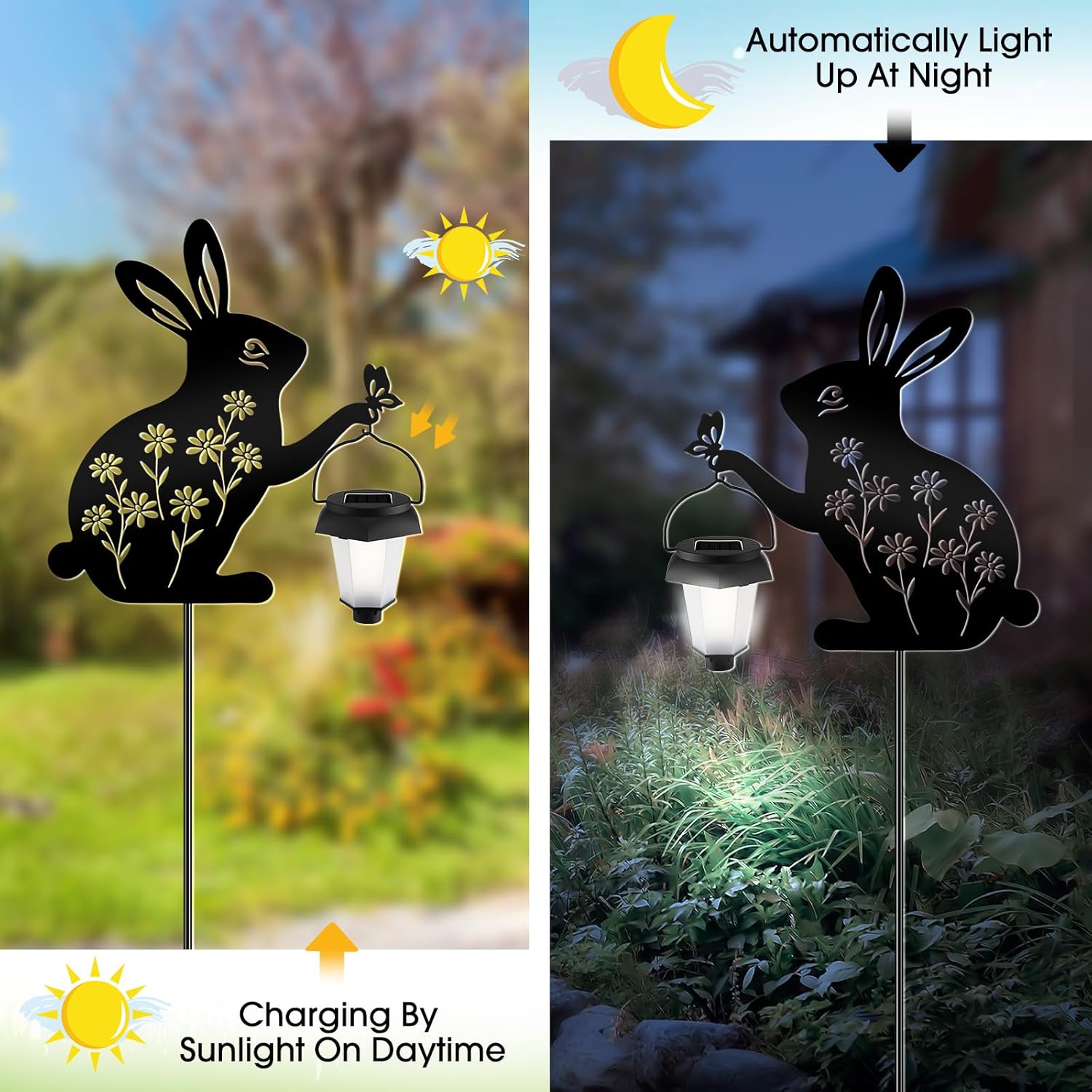 Black Rabbit Solar Garden Lantern – LED Lighted Bunny Yard Stake, 47.2" Tall