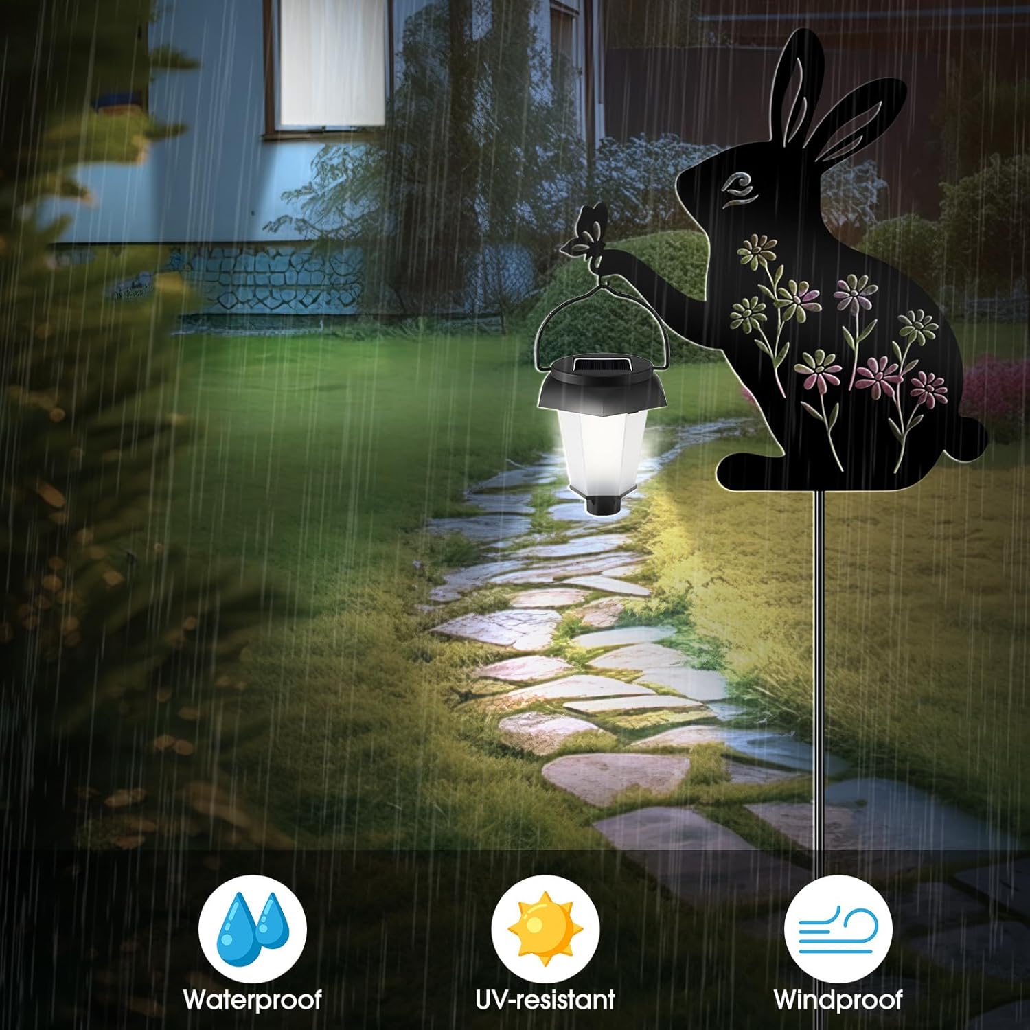 Black Rabbit Solar Garden Lantern – LED Lighted Bunny Yard Stake, 47.2" Tall