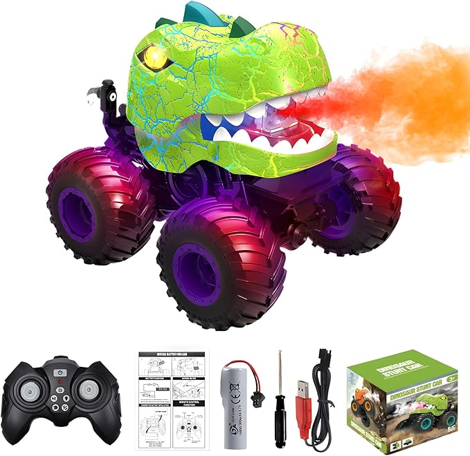 Dinosaur RC Stunt Car with Lights, Music & Mist – 2.4GHz, 360° Spins, Rechargeable, All-Terrain