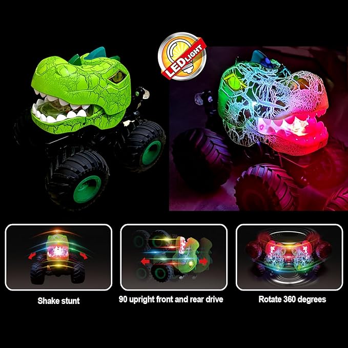 Dinosaur RC Stunt Car with Lights, Music & Mist – 2.4GHz, 360° Spins, Rechargeable, All-Terrain