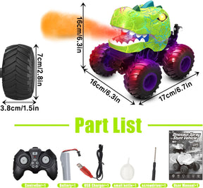 Dinosaur RC Stunt Car with Lights, Music & Mist – 2.4GHz, 360° Spins, Rechargeable, All-Terrain
