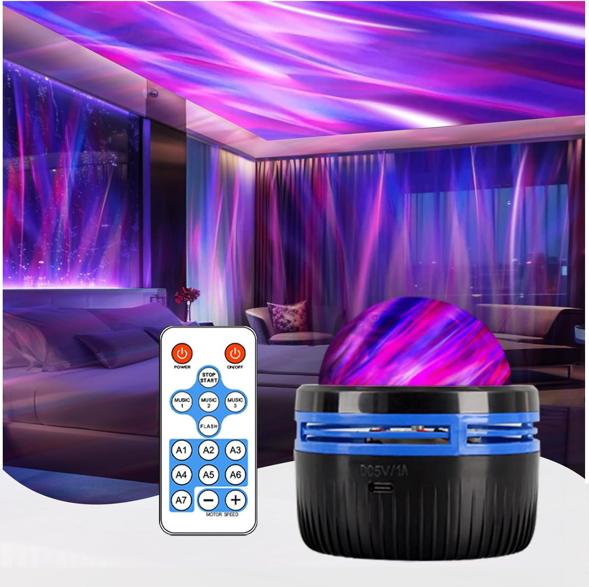 4-in-1 Northern Lights & Ocean Wave Projector – 28 Galaxy Effects, USB-C or AA Power