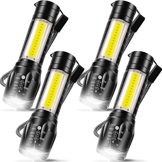 4pk USB Rechargeable Flashlights – 3 Modes, Zoomable LED with COB Side Light