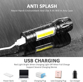 4pk USB Rechargeable Flashlights – 3 Modes, Zoomable LED with COB Side Light
