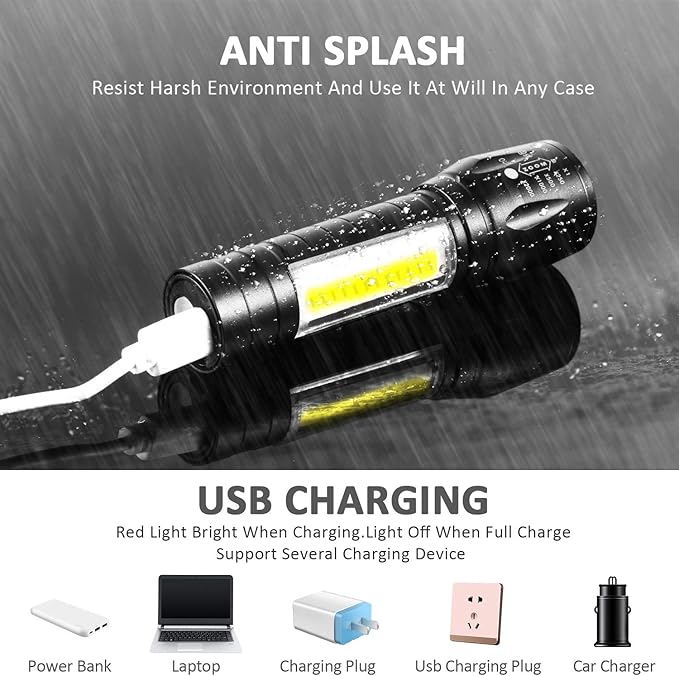 4pk USB Rechargeable Flashlights – 3 Modes, Zoomable LED with COB Side Light