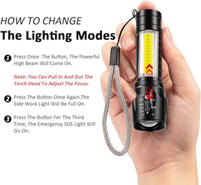 4pk USB Rechargeable Flashlights – 3 Modes, Zoomable LED with COB Side Light