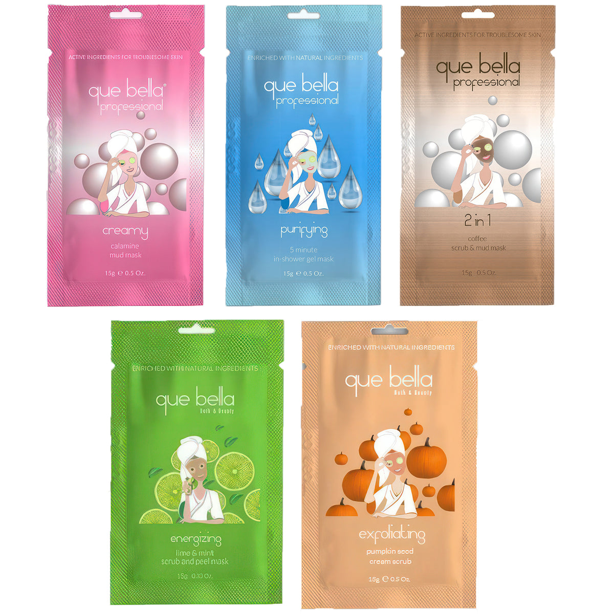 Que Bella Facial Scrubs & Masks – Exfoliating, Hydrating, and Purifying Single-Use Treatments
