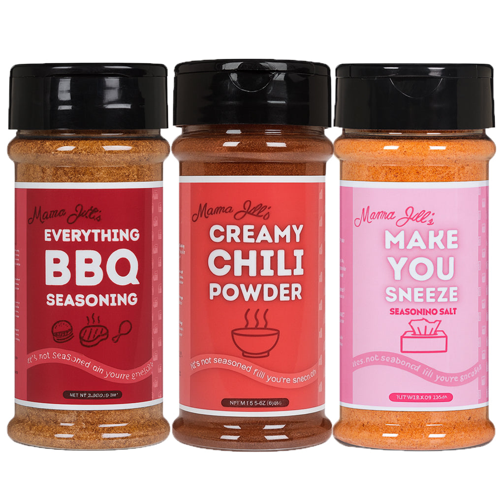 Mama Jill’s Seasoning Trio – 3-Pack (5.5 oz Each): Everything BBQ, Make You Sneeze Salt, Creamy Chili Powder