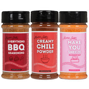 Mama Jill’s Seasoning Trio – 3-Pack (5.5 oz Each): Everything BBQ, Make You Sneeze Salt, Creamy Chili Powder