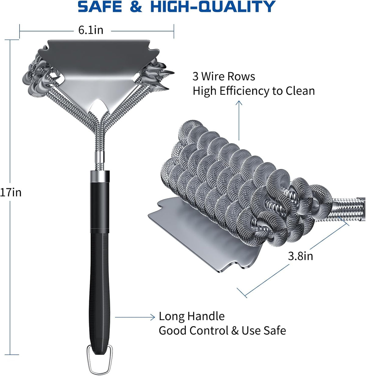 Stainless Steel Grill Brush with Scraper – Heat Resistant BBQ Cleaner , 17″ Handle