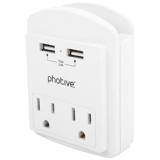 Photive Compact USB Wall Plug – Surge Protector with 2 AC Outlets + 2