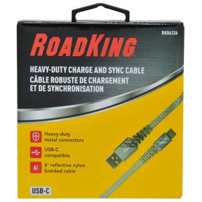 RoadKing 6 ft. Heavy-Duty USB-C Charge & Sync Cable – Silver Nylon Braided