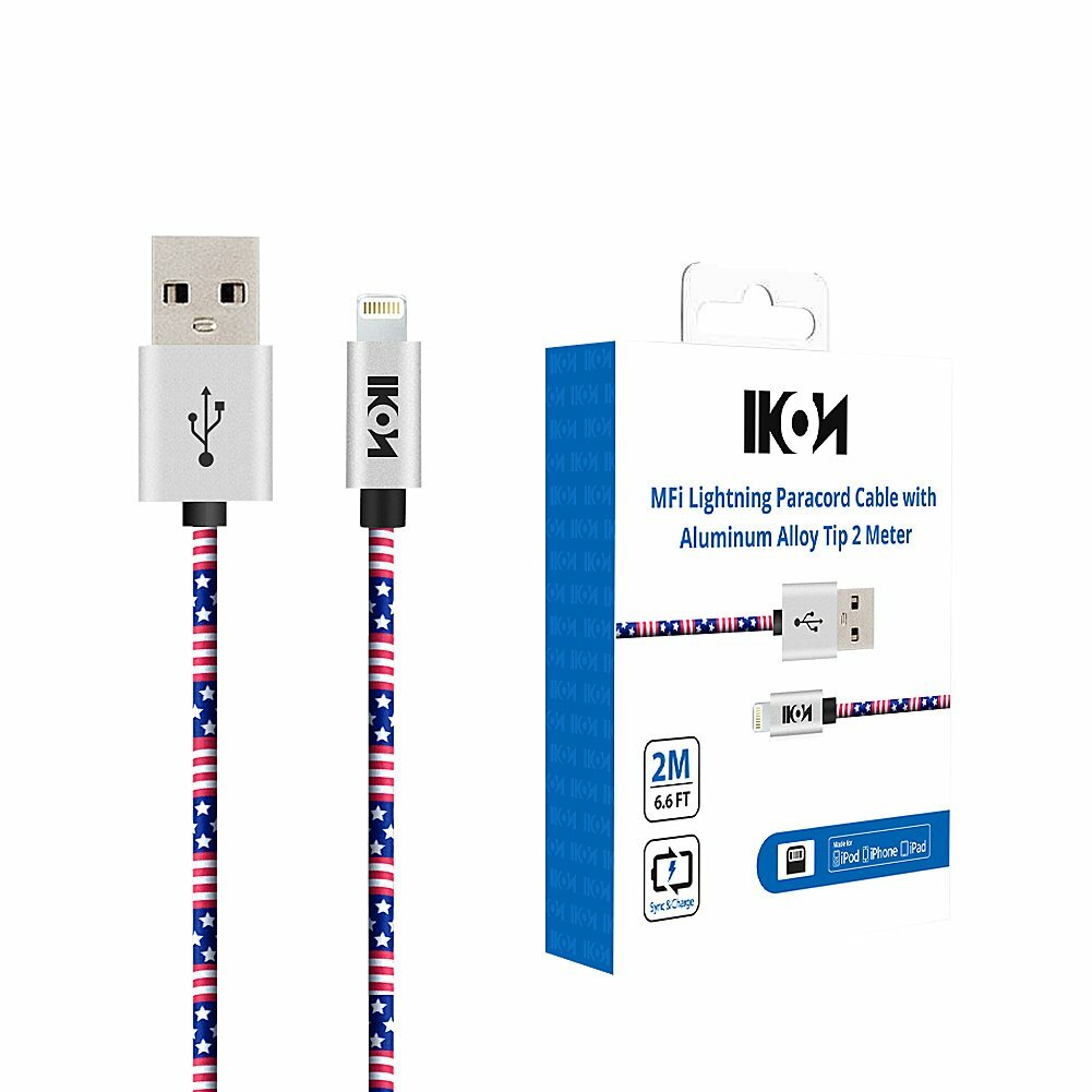 IKON Apple MFi Certified Lightning Cable – 6.6 ft American Flag Design Charging & Sync Cord
