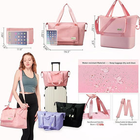 Foldable Travel Duffel Bag – Expandable Water-Resistant Weekender Tote with Wet Compartment (Pink)