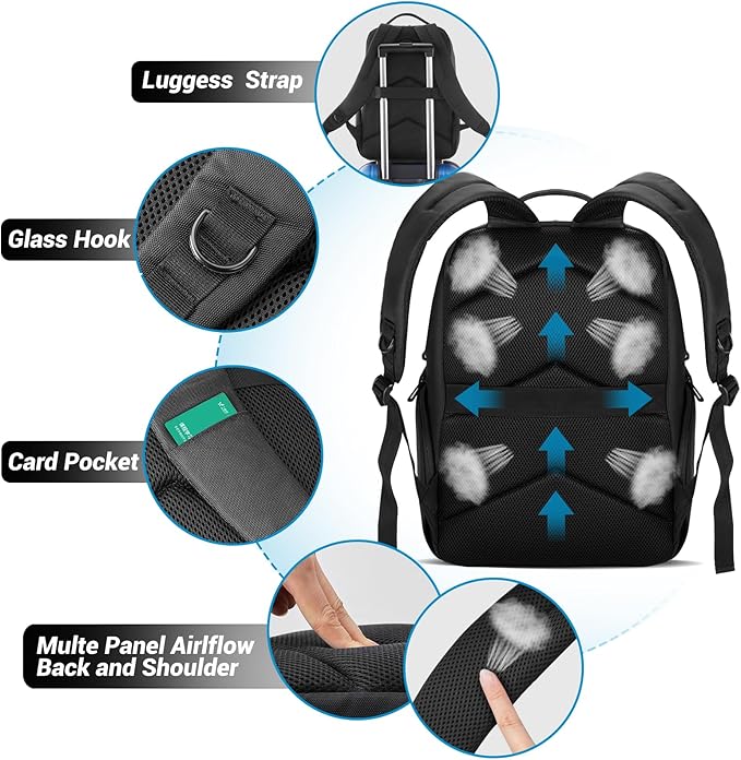 Lugarts Travel Laptop Backpack – Slim Waterproof Black Bag with Double Laptop Compartments