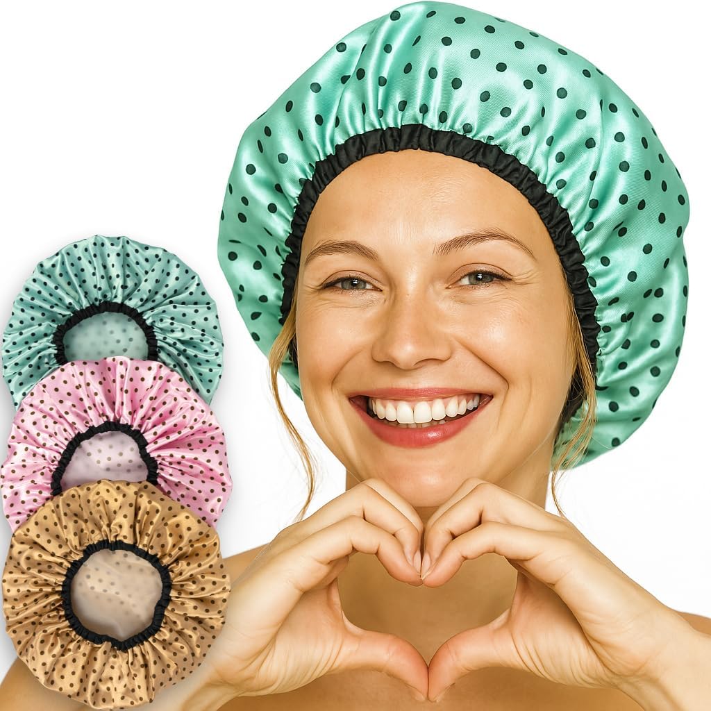 Shower Cap Set – 3 Pack Polka Dot Waterproof Hair Covers (Pink, Green, Brown)