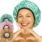 Shower Cap Set – 3 Pack Polka Dot Waterproof Hair Covers (Pink, Green, Brown)