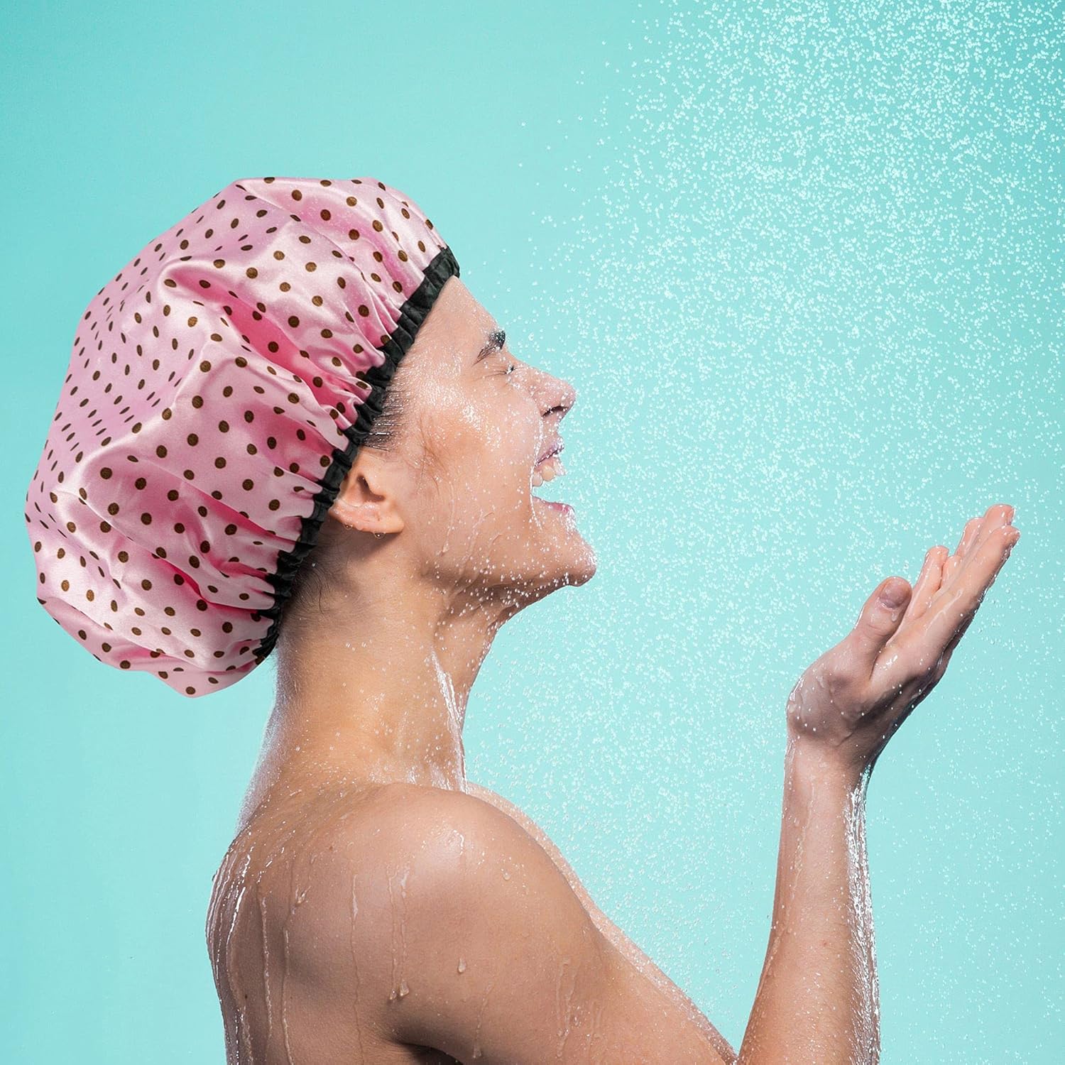 Shower Cap Set – 3 Pack Polka Dot Waterproof Hair Covers (Pink, Green, Brown)