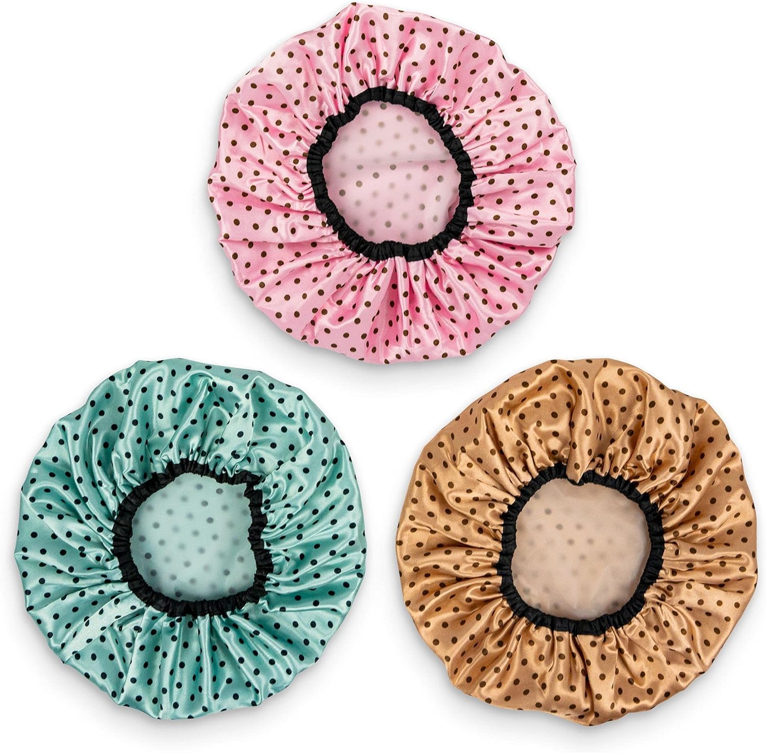 Shower Cap Set – 3 Pack Polka Dot Waterproof Hair Covers (Pink, Green, Brown)