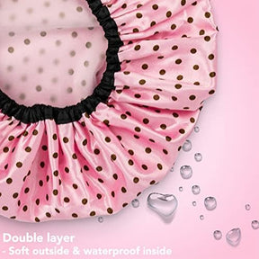 Shower Cap Set – 3 Pack Polka Dot Waterproof Hair Covers (Pink, Green, Brown)