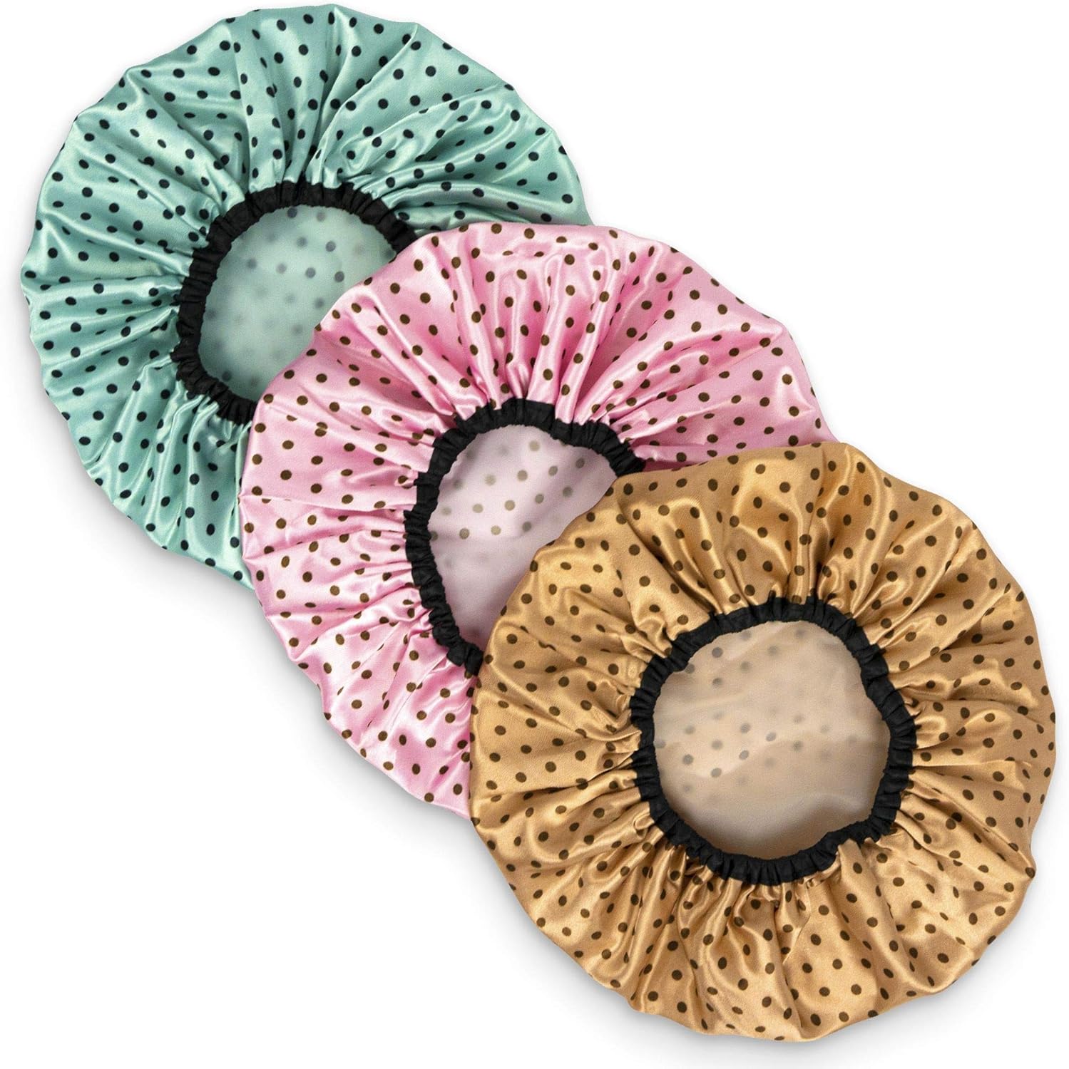 Shower Cap Set – 3 Pack Polka Dot Waterproof Hair Covers (Pink, Green, Brown)