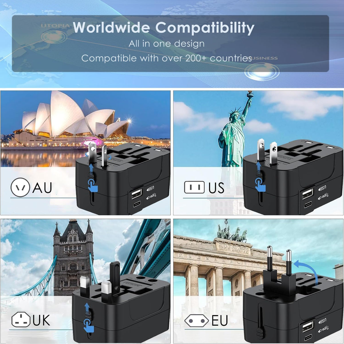 VELIKE Travel Adapter Worldwide – Universal Plug Converter with USB-C & USB