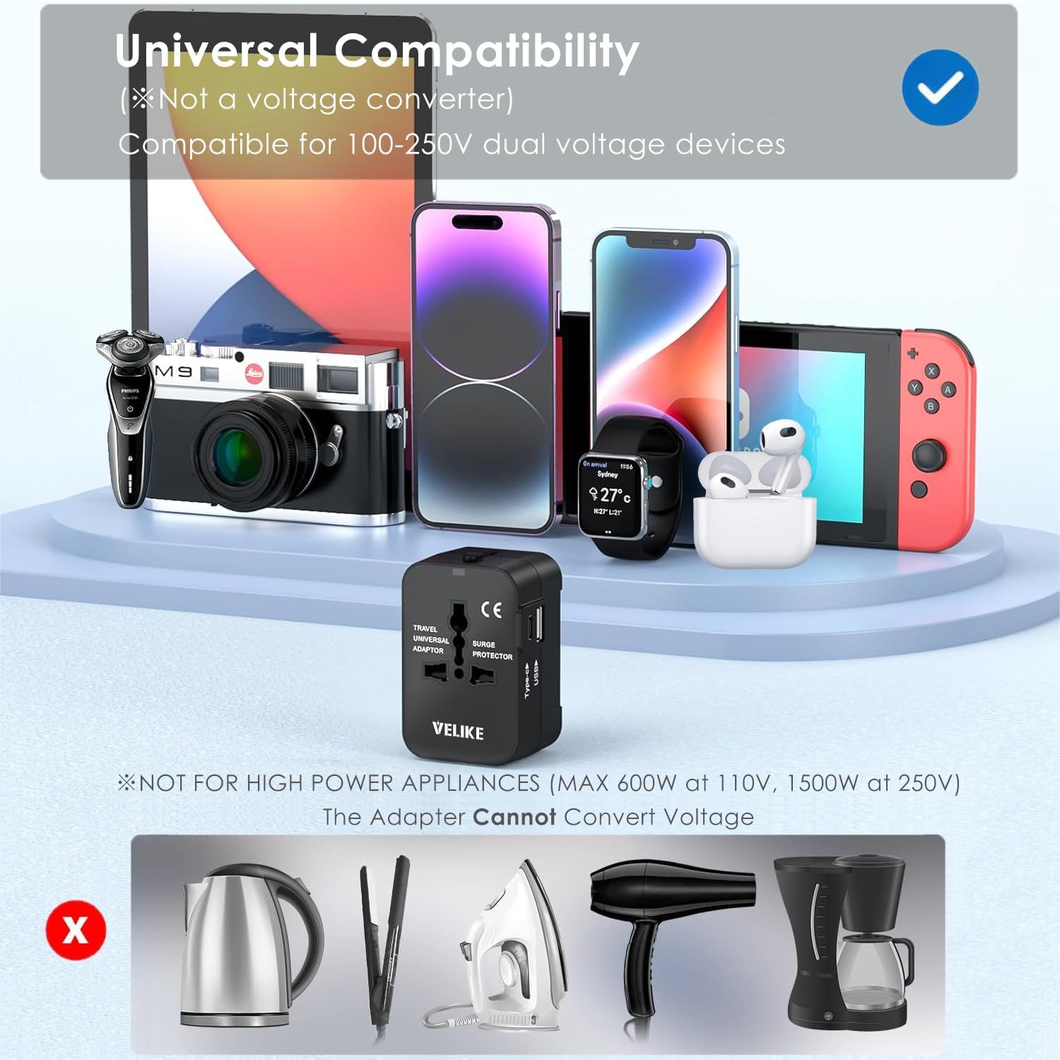 VELIKE Travel Adapter Worldwide – Universal Plug Converter with USB-C & USB
