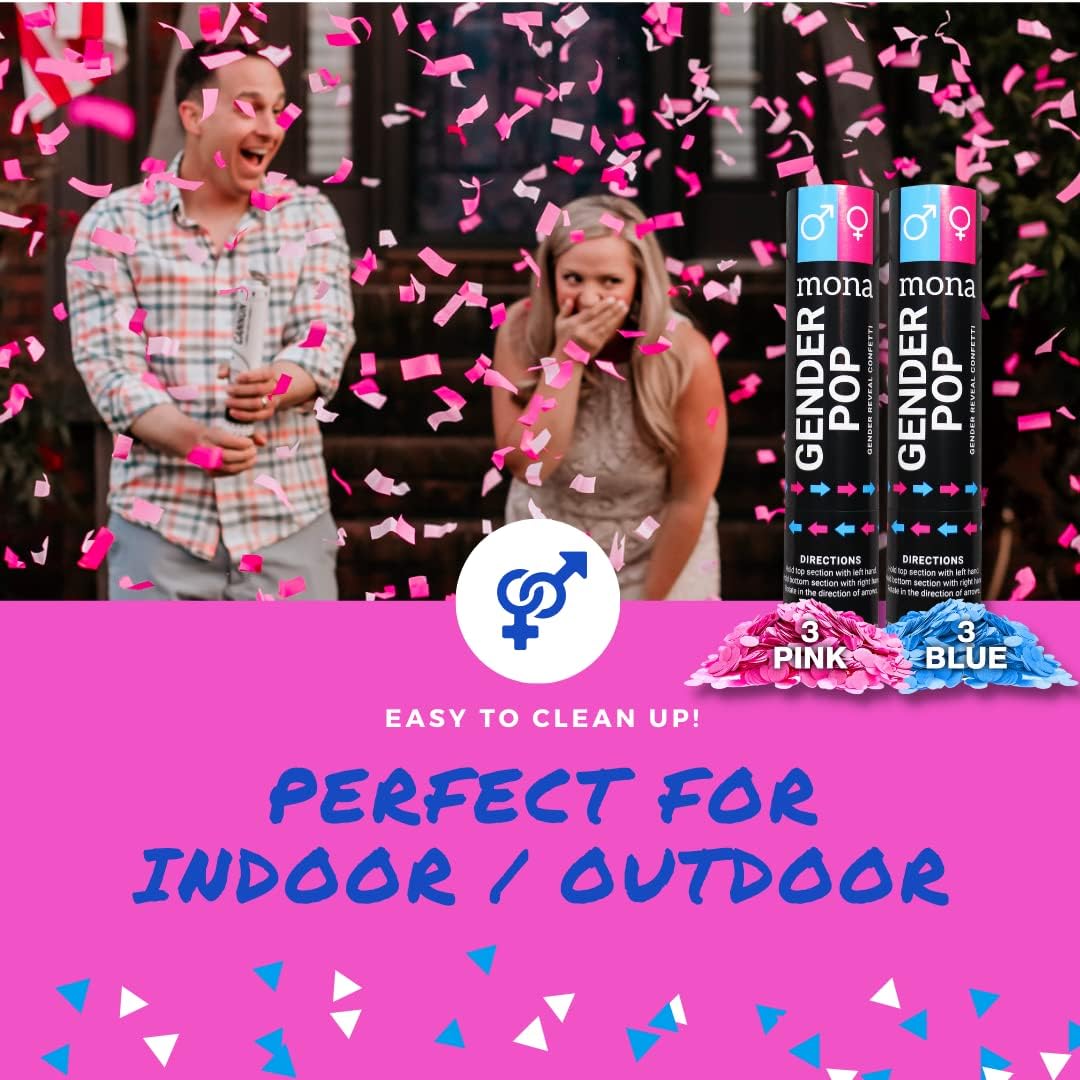 6pk Mona Gender Reveal Confetti Cannon – Baby Gender Reveal Party Supplies Kit
