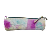 Top Grain Zippered Leather Accessory Pouch – 8.5″ x 2.75″, Pink Yellow Abstract
