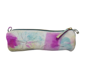 Top Grain Zippered Leather Accessory Pouch – 8.5″ x 2.75″, Pink Yellow Abstract