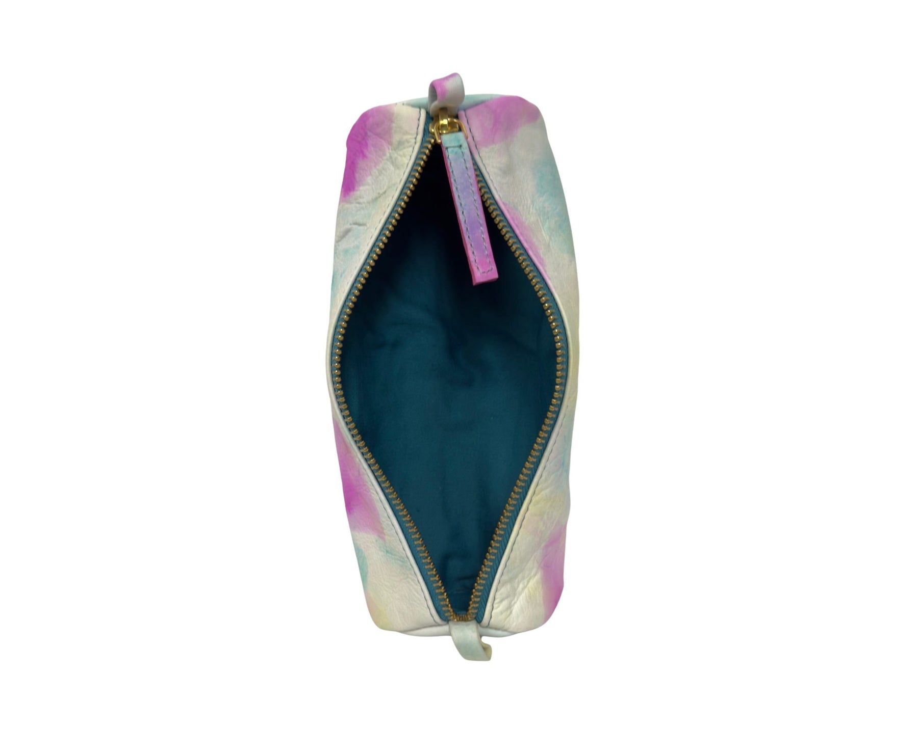 Top Grain Zippered Leather Accessory Pouch – 8.5″ x 2.75″, Pink Yellow Abstract