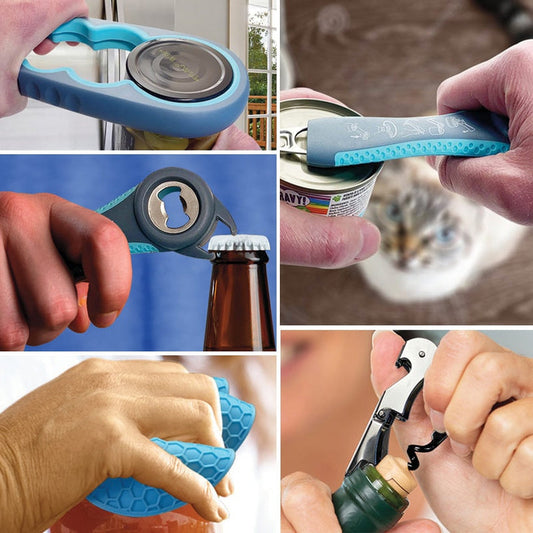 Multi-Function 5-in-1 Bottle Opener Set – Jar, Cap & Corkscrew Opener with Rubber Grips