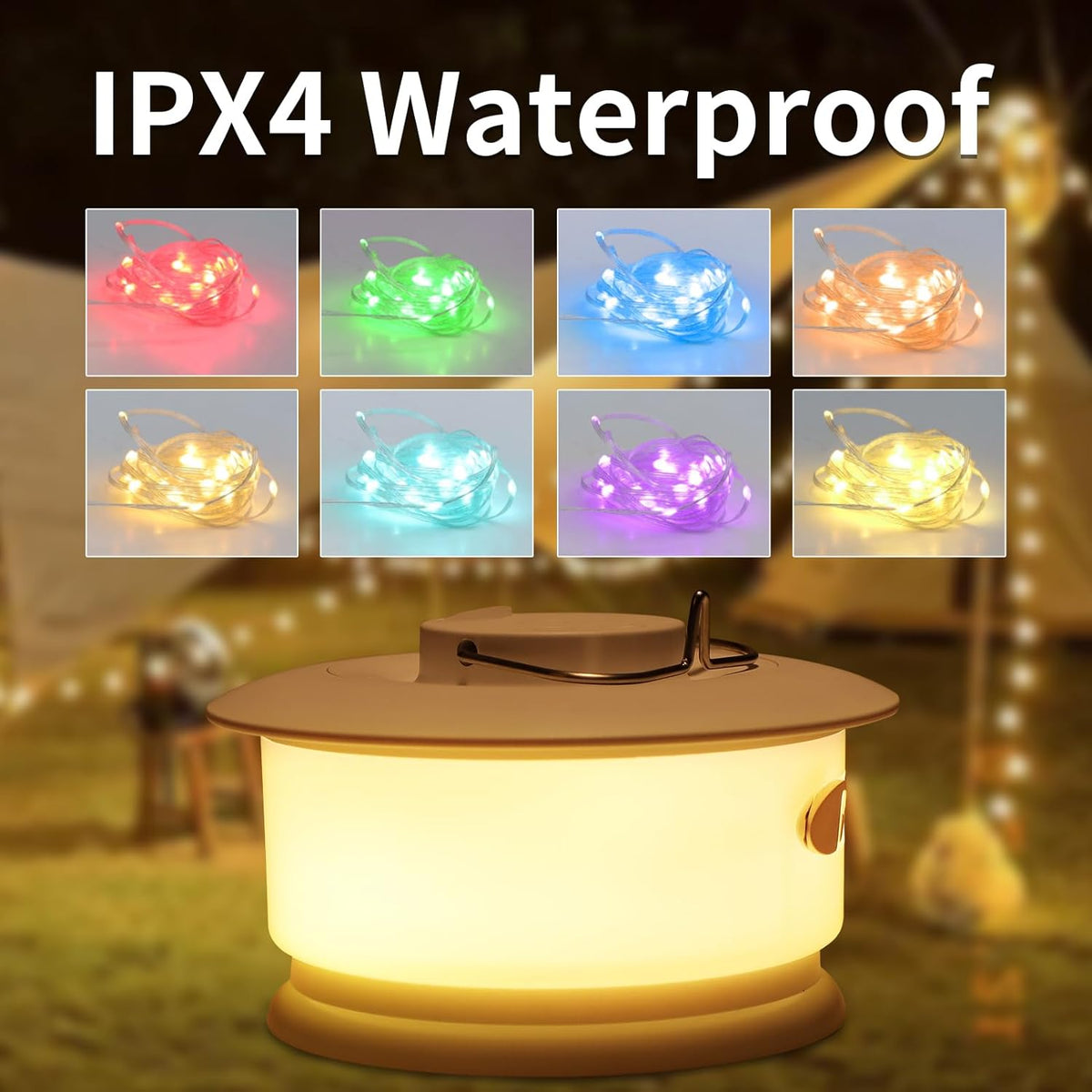 Camping String Lights Outdoor – Portable Rechargeable Tent Lamp, 33ft Colorful LED