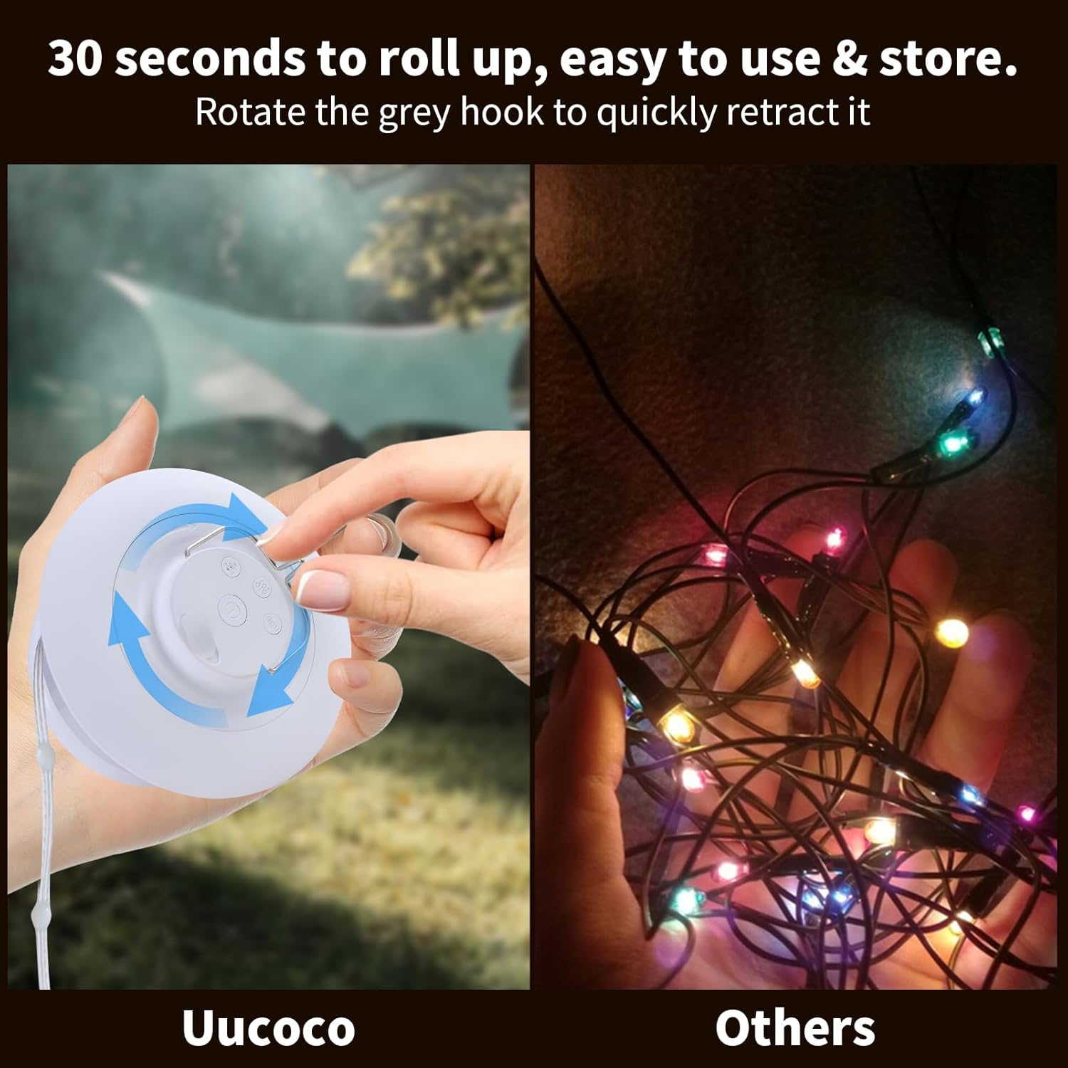 Camping String Lights Outdoor – Portable Rechargeable Tent Lamp, 33ft Colorful LED