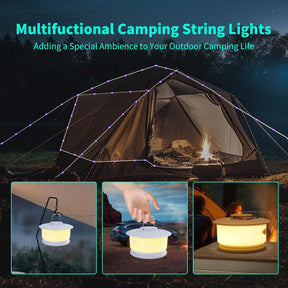Camping String Lights Outdoor – Portable Rechargeable Tent Lamp, 33ft Colorful LED